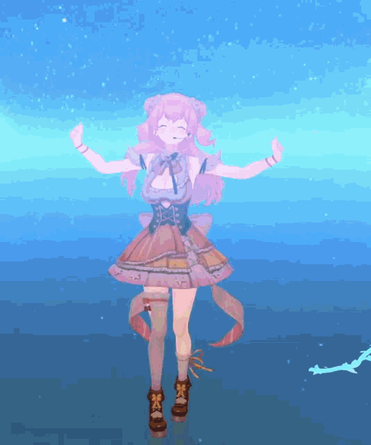 a girl with pink hair is dancing in front of a blue sky .