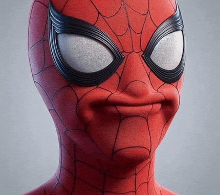 a close up of a spider man 's face with a silly face .