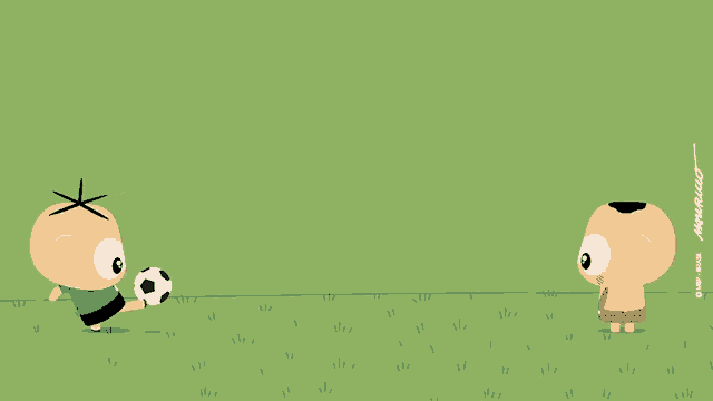 two cartoon characters playing with a soccer ball on a grass field