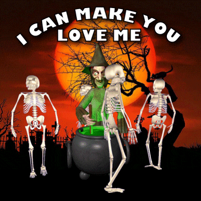 a poster with skeletons and a witch that says " i can make you love me "