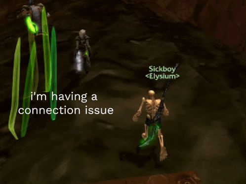 a skeleton in a video game with the words i 'm having a connection issue on the bottom