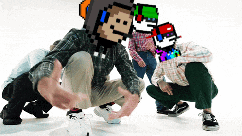 a group of people are squatting down with a pixelated monkey on their heads
