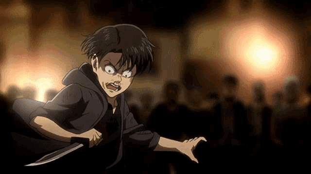 a boy in a black jacket is holding a sword