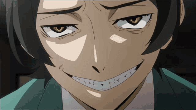a close up of a man 's face with a fake smile on it