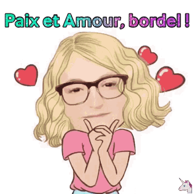 a cartoon of a girl with glasses and the words paix et amour