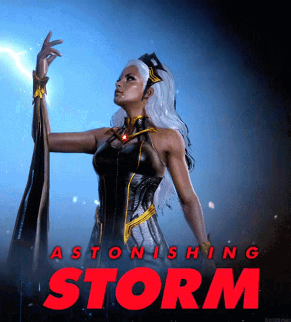 a poster for astonishing storm with a woman in a costume