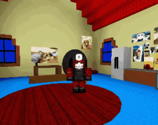 a computer generated image of a room with pictures on the wall and a red rug
