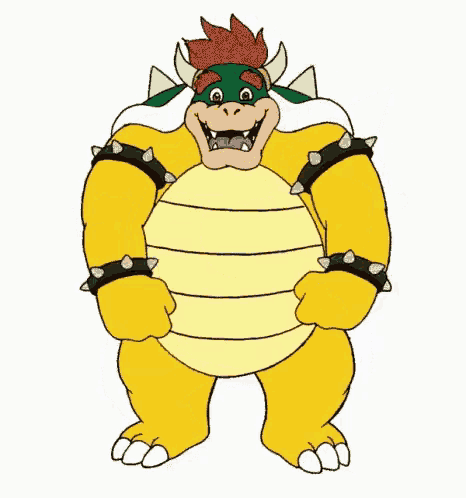 bowser from super mario bros is a cartoon character with horns and spikes on his arms .