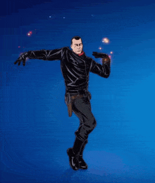 a cartoon drawing of a man with a gun and confetti coming out of his arms