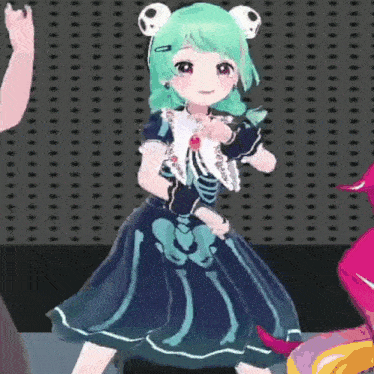 a girl with green hair and a skeleton dress is dancing .