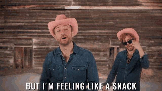 a man in a pink cowboy hat says " but i 'm feeling like a snack " next to another man
