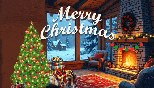a merry christmas greeting card with a christmas tree