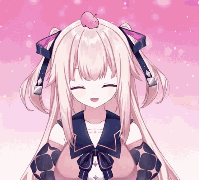 a girl with long blonde hair has a small pink apple on her head