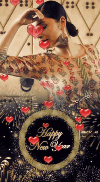 a picture of a woman with hearts and the words happy new year on it