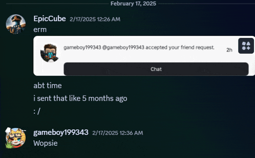 a screenshot of a conversation between epiccube and gameboy 199343