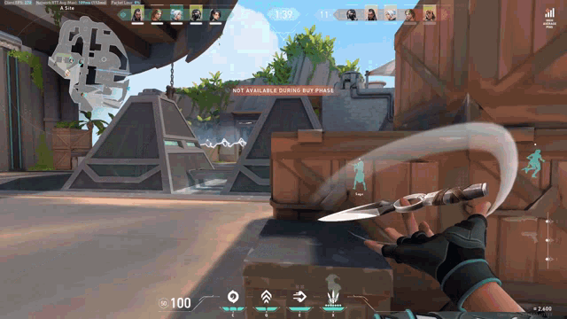 a person holding a knife in a video game with a not available during buy period displayed