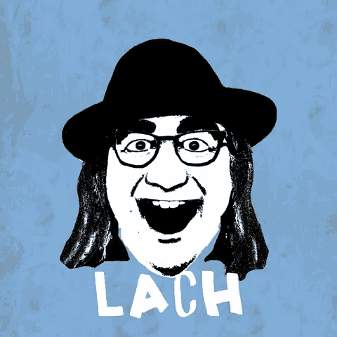 a black and white drawing of a man wearing a hat and glasses with the word lach above him