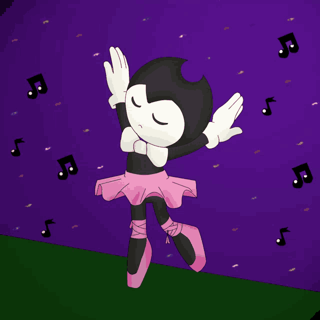a cartoon character in a pink tutu is dancing in front of music notes