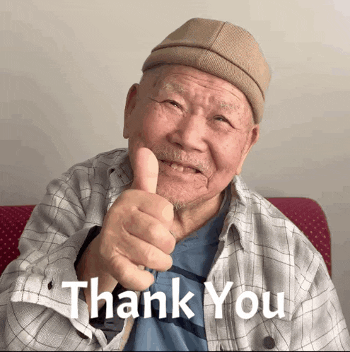 an older man giving a thumbs up with the words thank you behind him