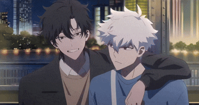 a couple of anime characters standing next to each other with their arms around each other
