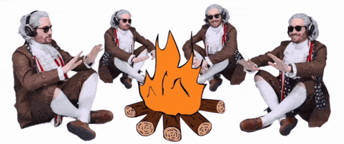 a group of men sitting around a fire with the letter a written on it