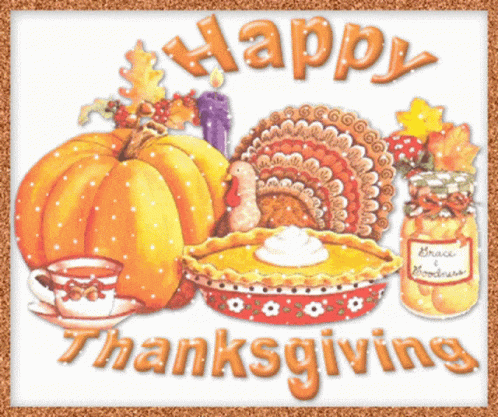 a happy thanksgiving greeting card with a pumpkin pie turkey and a cup of tea
