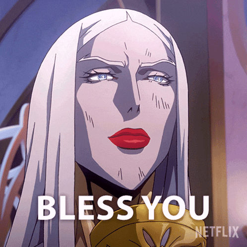 a cartoon of a woman with white hair and red lips says " bless you "