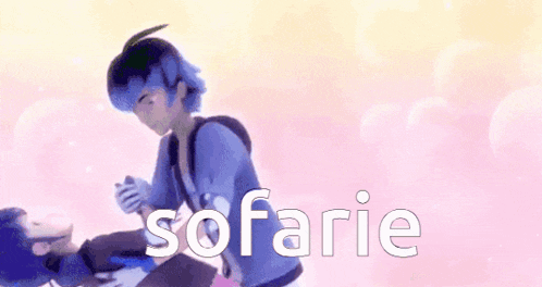 a boy with blue hair is holding a girl 's hand while standing next to a pink background .