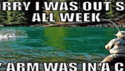a man fishing in a river with a caption that says " sorry i was out all week "