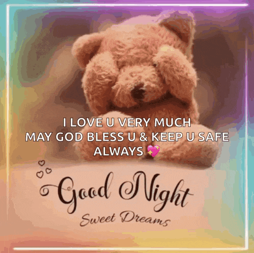 a teddy bear is covering its eyes with its paws on a good night card .