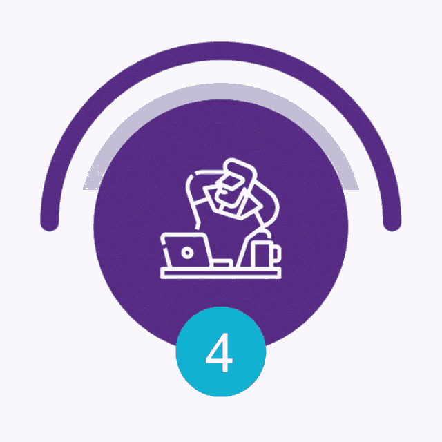 a purple circle with an icon of a hand reaching for a laptop and a blue circle with the number 4 on it