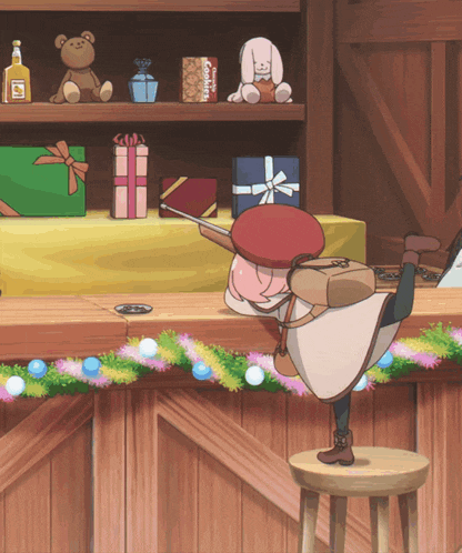a cartoon drawing of a girl holding a gun in front of a shelf of gifts