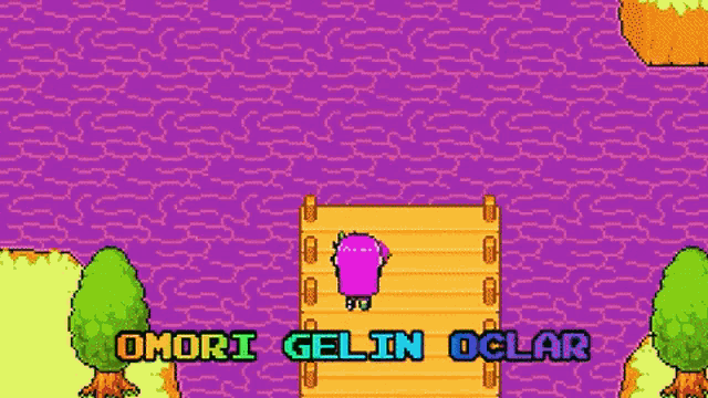 a pixel art scene with omori gelin oclar written on the bottom
