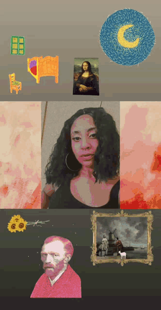 a woman 's face is surrounded by paintings including a painting of vincent van gogh