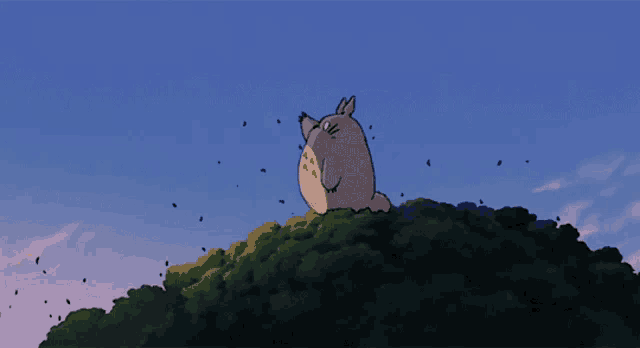 a cartoon character is standing on top of a hill with birds flying around him