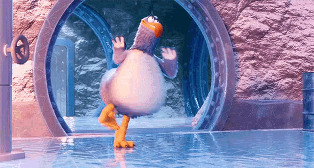 a cartoon penguin is standing in the water near a doorway