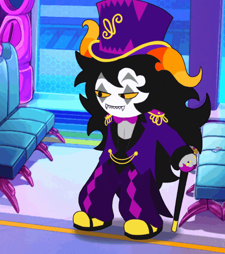 a cartoon character wearing a purple top hat and a cane