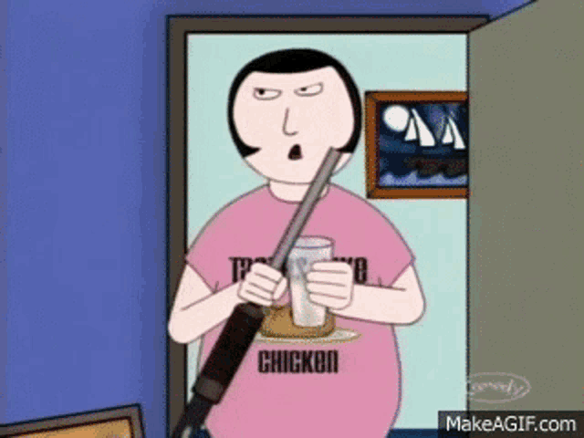 a cartoon character is holding a shotgun and a glass .