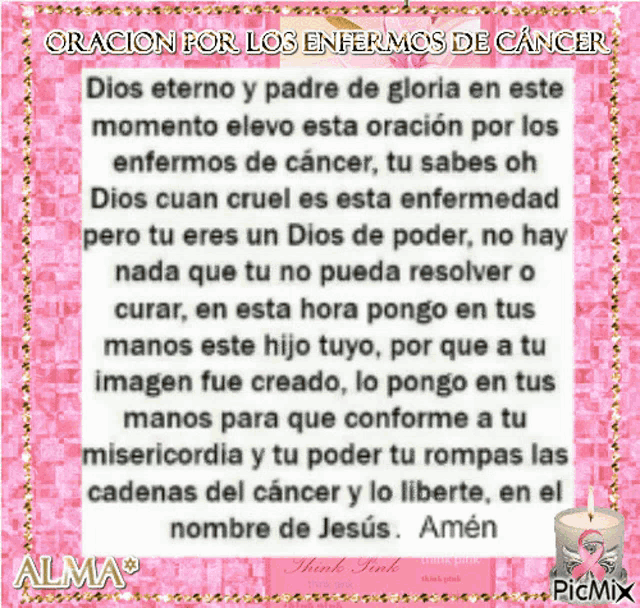 a prayer in spanish with a pink background and a candle
