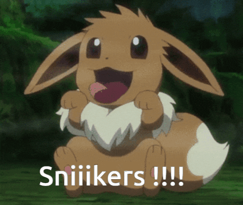 a cartoon eevee says sniiikers while sitting on the ground