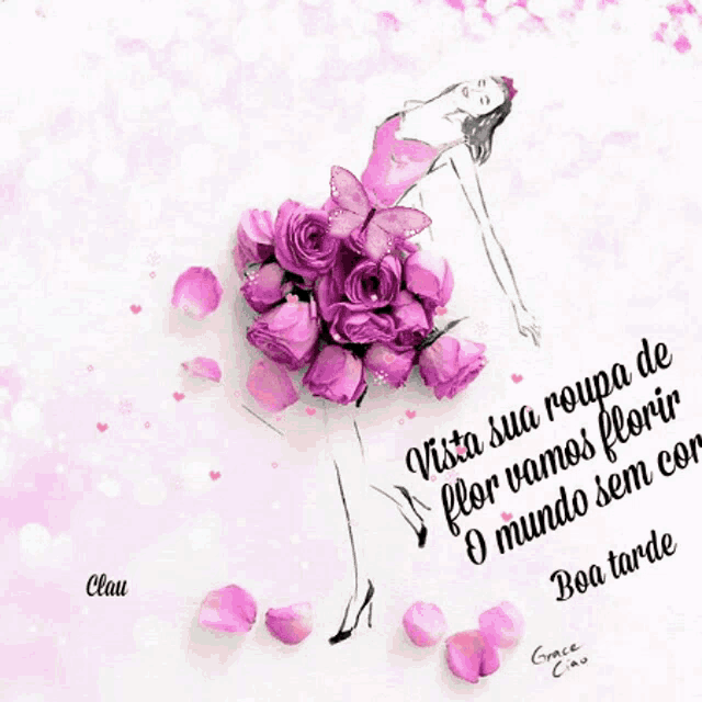 a woman in a pink dress is surrounded by purple flowers