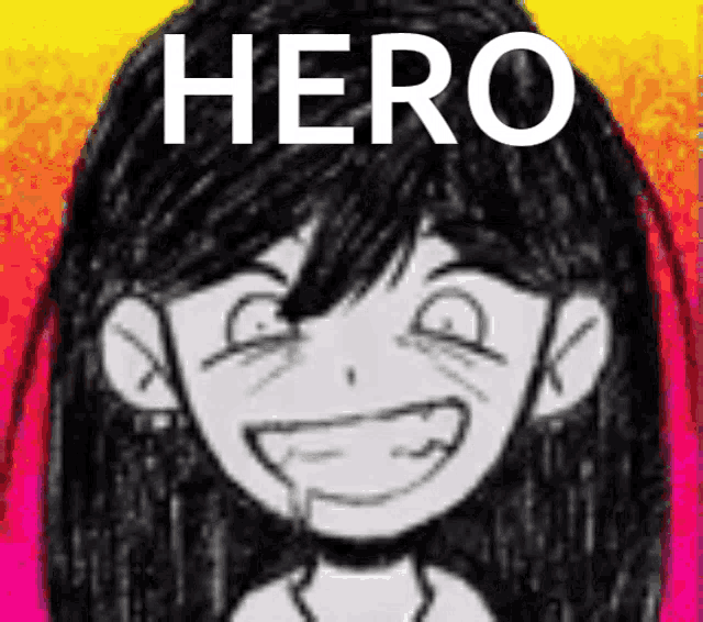 a black and white drawing of a girl with the word hero written above her