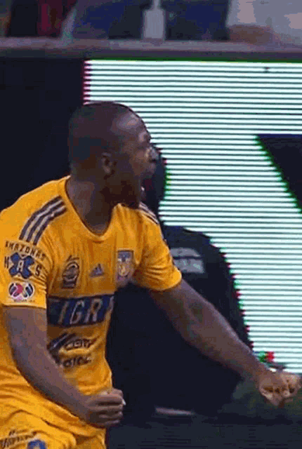 a soccer player wearing a yellow jersey with a tiger on it