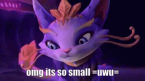 a purple cat is holding a flower and says omg its so small = uwu