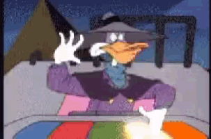 a cartoon of a duck wearing a purple jacket and hat