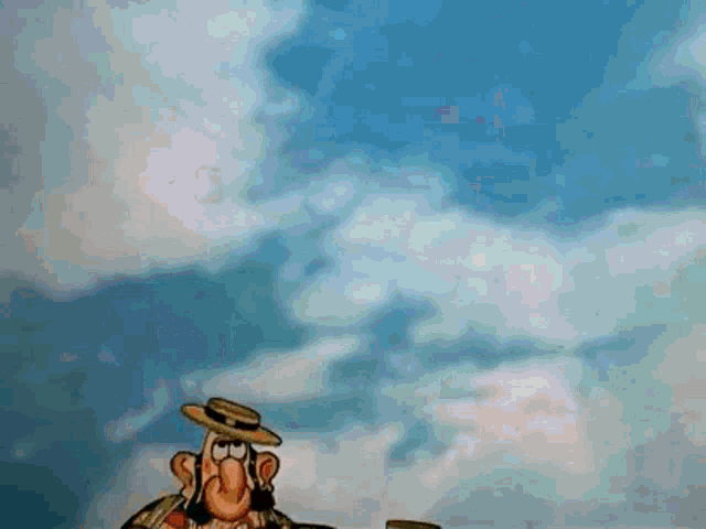 two cartoon characters standing in front of a blue sky with clouds