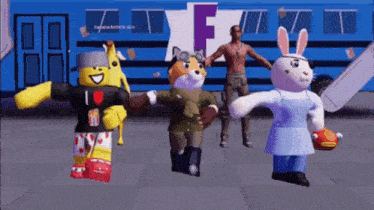 a group of cartoon characters are dancing in front of a blue bus that says f on it