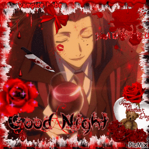 a picture of a vampire holding a glass of wine and a knife with the words good night written on it