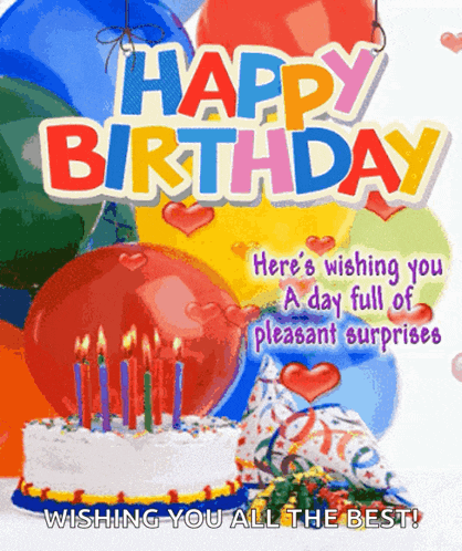 a happy birthday card with balloons and cake