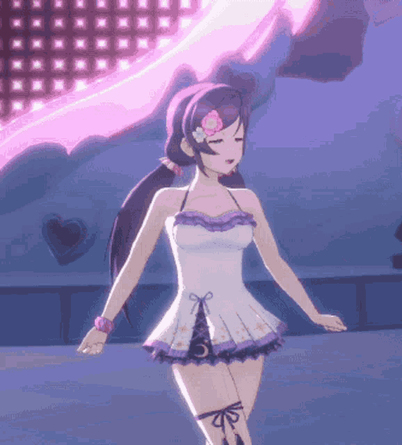 a girl with purple hair and a flower in her hair is dancing in a video game